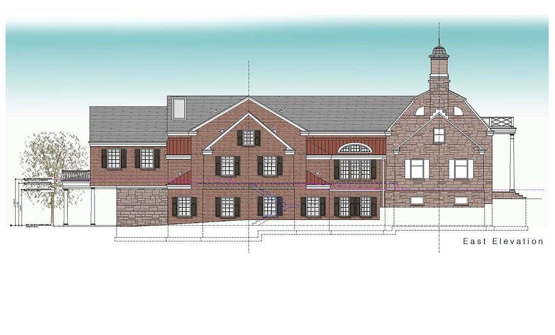 A drawing of a large brick building with a chimney
