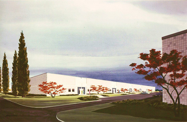 A painting of a large white building with trees in front of it