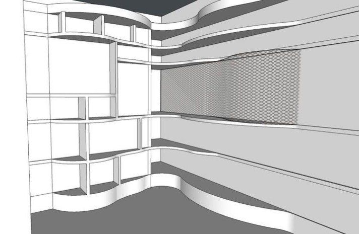 A 3d model of a room with shelves and a window