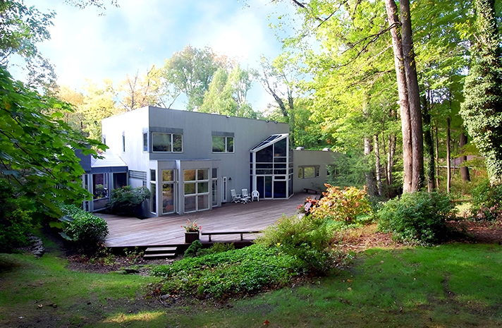 A large house in the middle of a lush green forest