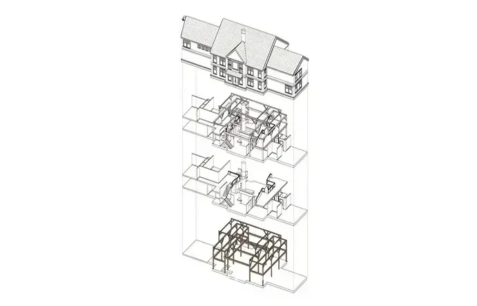 A black and white drawing of a house being built.
