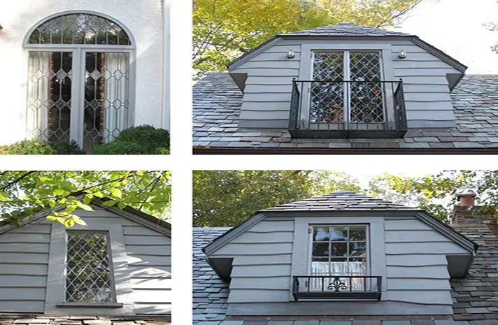 Four pictures of a house with a balcony on the roof