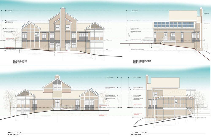 A drawing of a house with a blue sky in the background