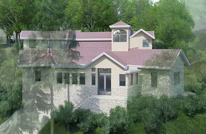 An aerial view of a house with a red tile roof