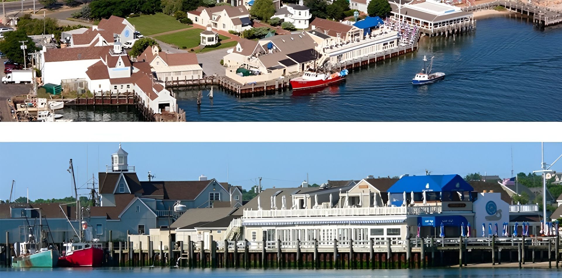 An aerial view of a small town next to a body of water
