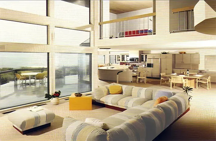 A living room with a large sectional couch and lots of windows