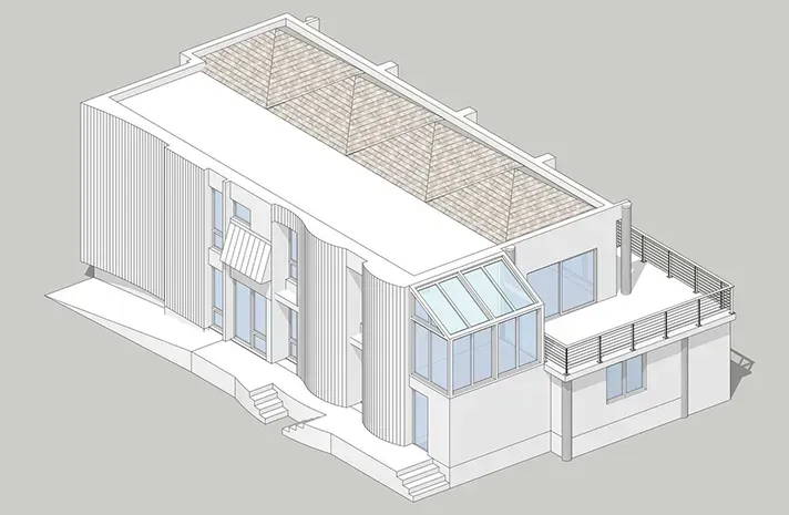 An isometric drawing of a large white building with a roof.