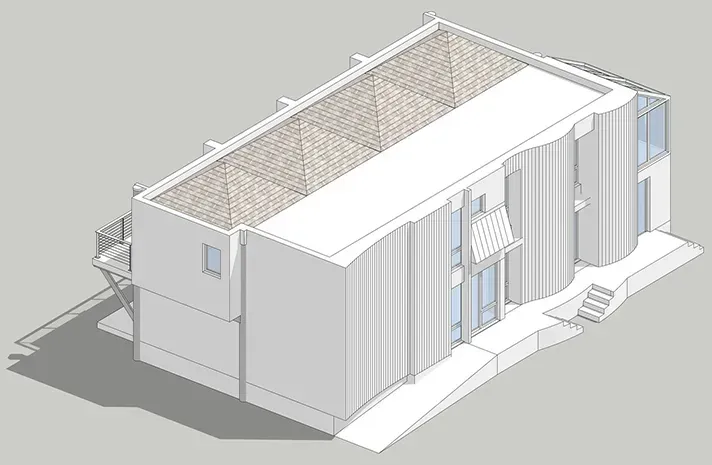 An isometric view of a building with a ramp and stairs.