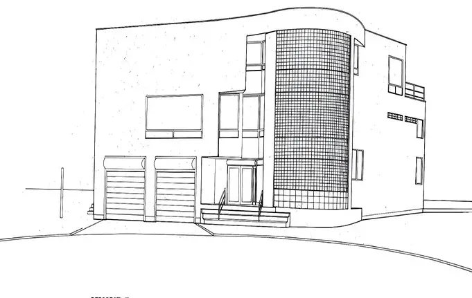 A black and white drawing of a modern house