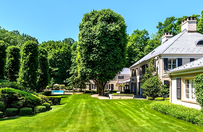 A large house with a lush green lawn in front of it