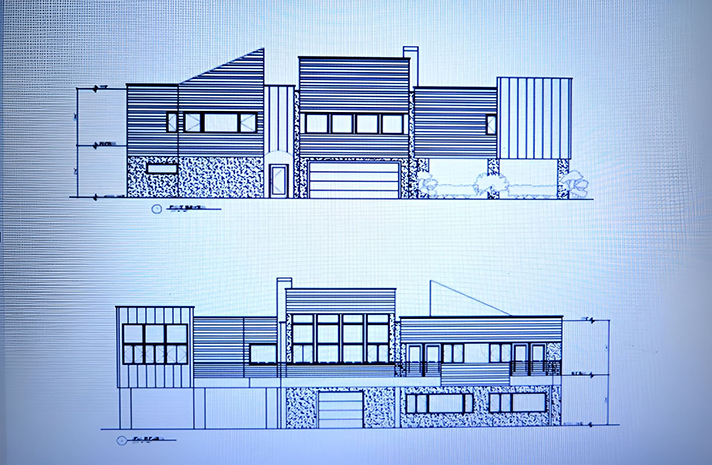 A drawing of a house with a lot of windows