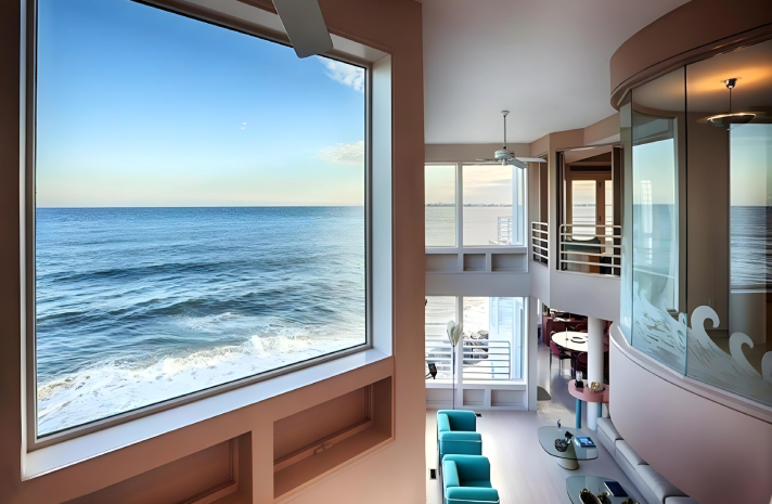 A living room with a large window overlooking the ocean