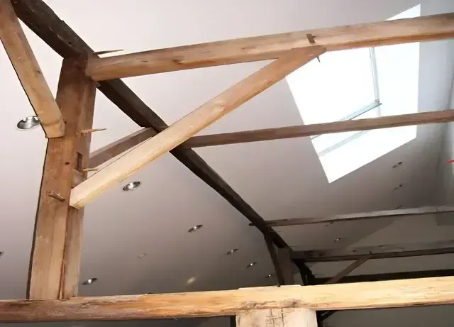 A wooden structure with a skylight in the ceiling
