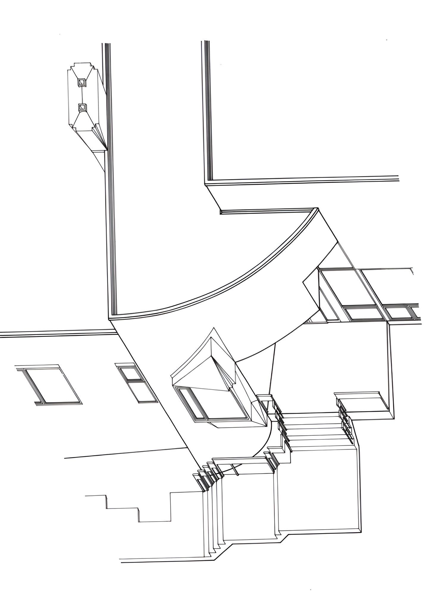A black and white drawing of a house with stairs and windows.