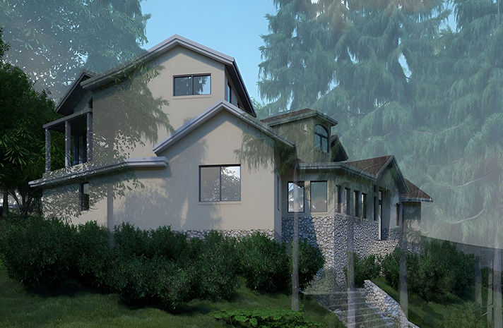 A house on a hill with trees in the background
