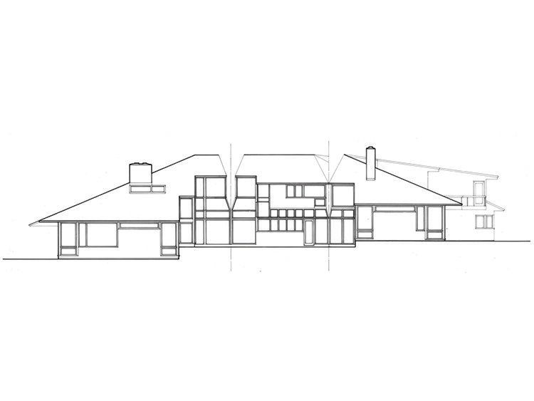 A black and white drawing of a house on a white background.