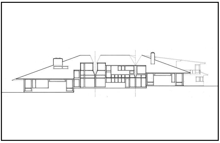 A black and white drawing of a house with a roof.