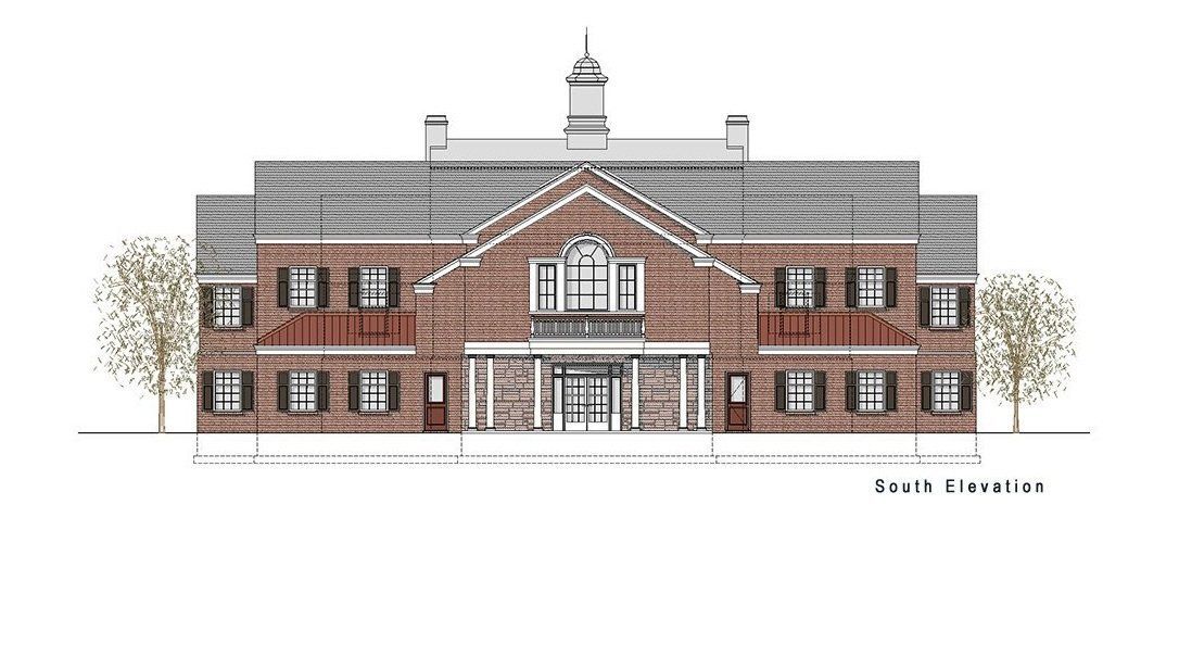 A drawing of a large brick building with trees in front of it