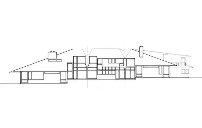 A black and white drawing of a house on a white background.