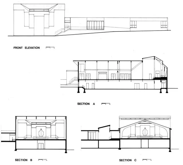 A black and white drawing of a building with sections a b and c
