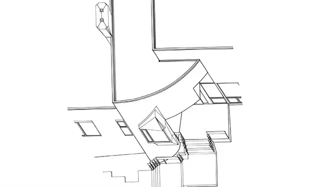 A black and white drawing of a building with stairs and windows.