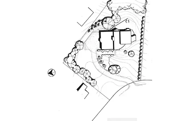 A black and white drawing of a house on a hill.