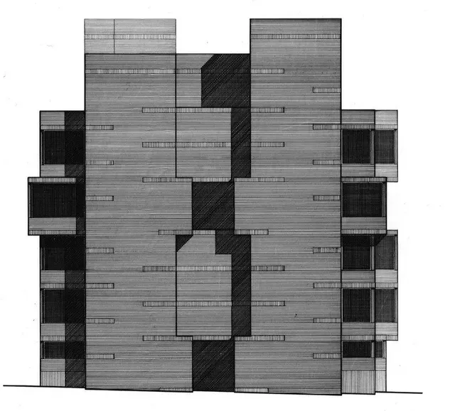 A black and white drawing of a building with a cross in the middle