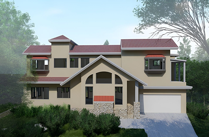 An artist 's impression of a house with a red tile roof