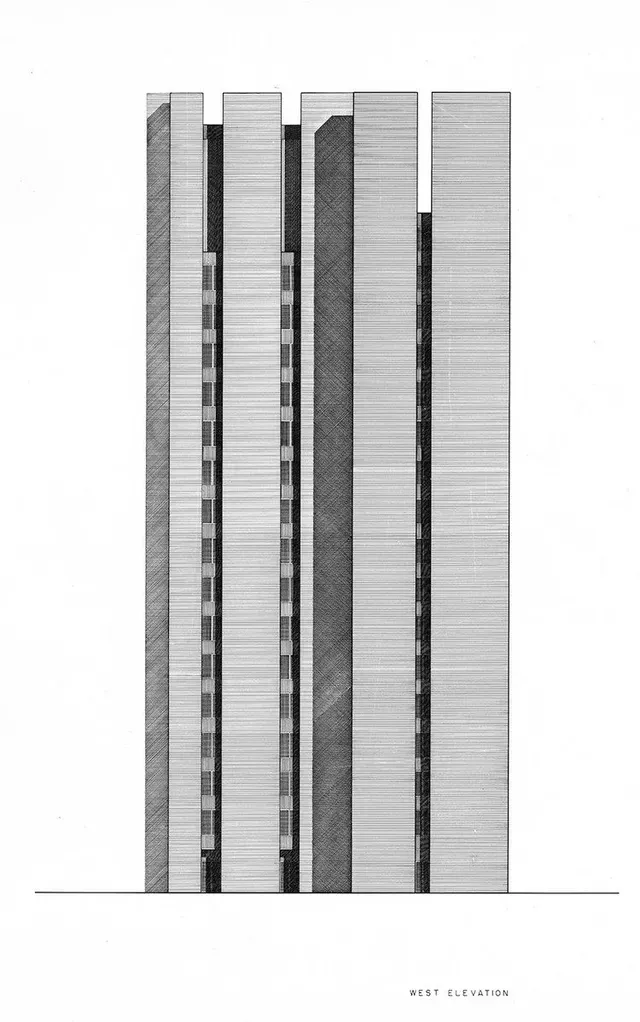 A black and white drawing of a tall building on a white background.