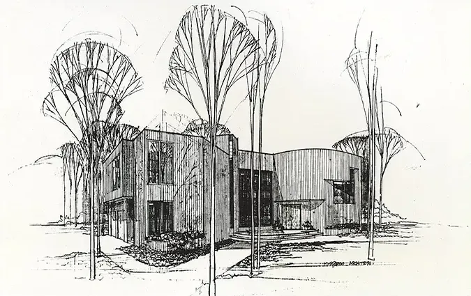 A black and white drawing of a house with trees in the background.