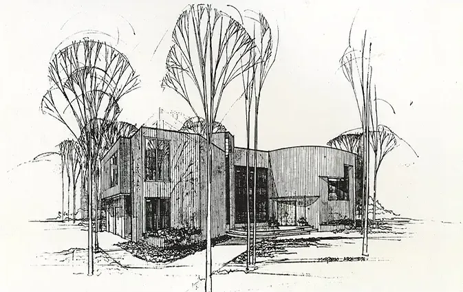 A black and white drawing of a house surrounded by trees.