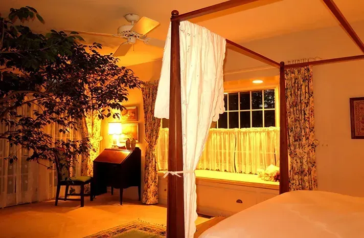 A bedroom with a canopy bed and a desk