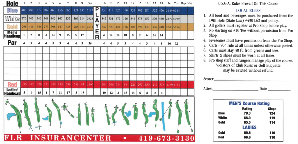 A golf scorecard from the flr insurance center