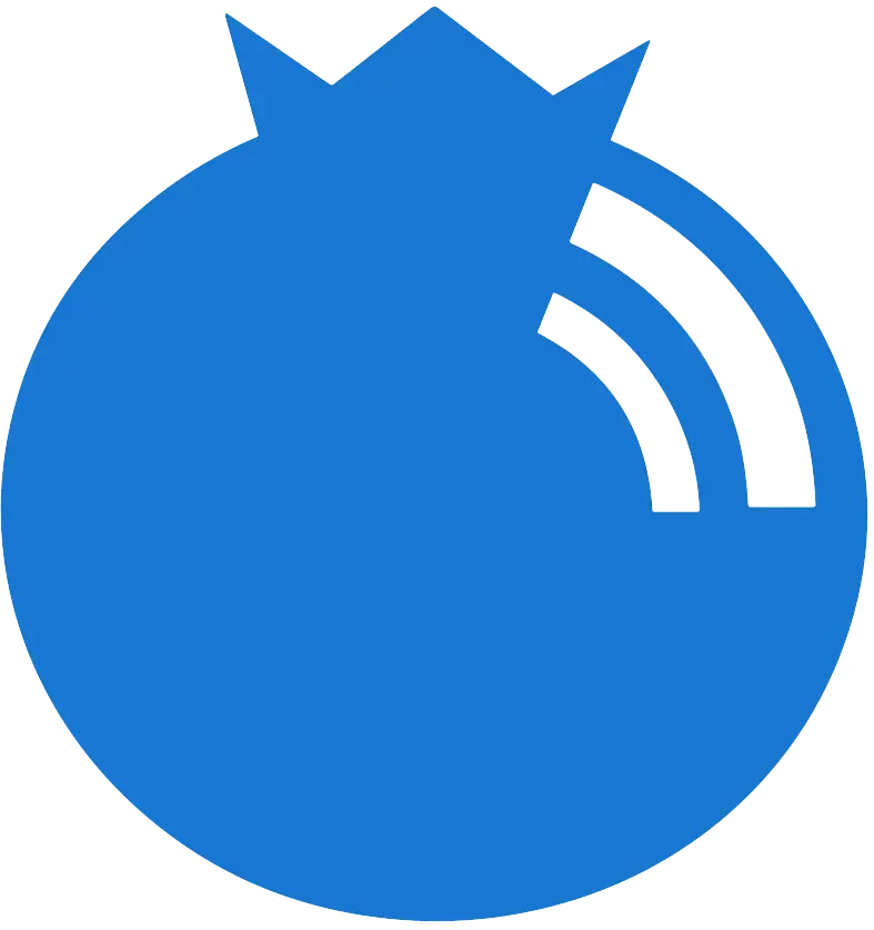 Blue circular logo with a crown-like top and two white curved stripes on the right