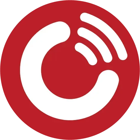 Red circular logo with a white curved shape and three white signal arcs