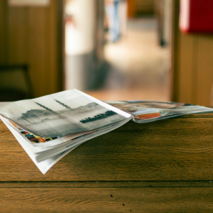 Open magazine on a wooden table with a blurred indoor background