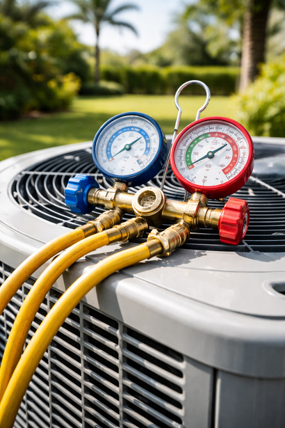 HVAC outdoor unit with yellow hoses and blue/red gauges attached for maintenance