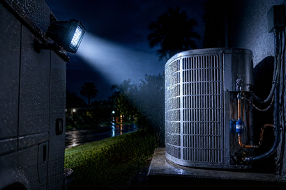 Outdoor air-conditioning unit beside a building at night, lit by a blue security light.