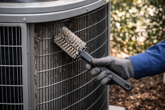 Gloved hand cleaning an outdoor air conditioner condenser with a brush