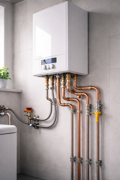 Wall-mounted boiler with exposed copper pipes in a tiled utility room