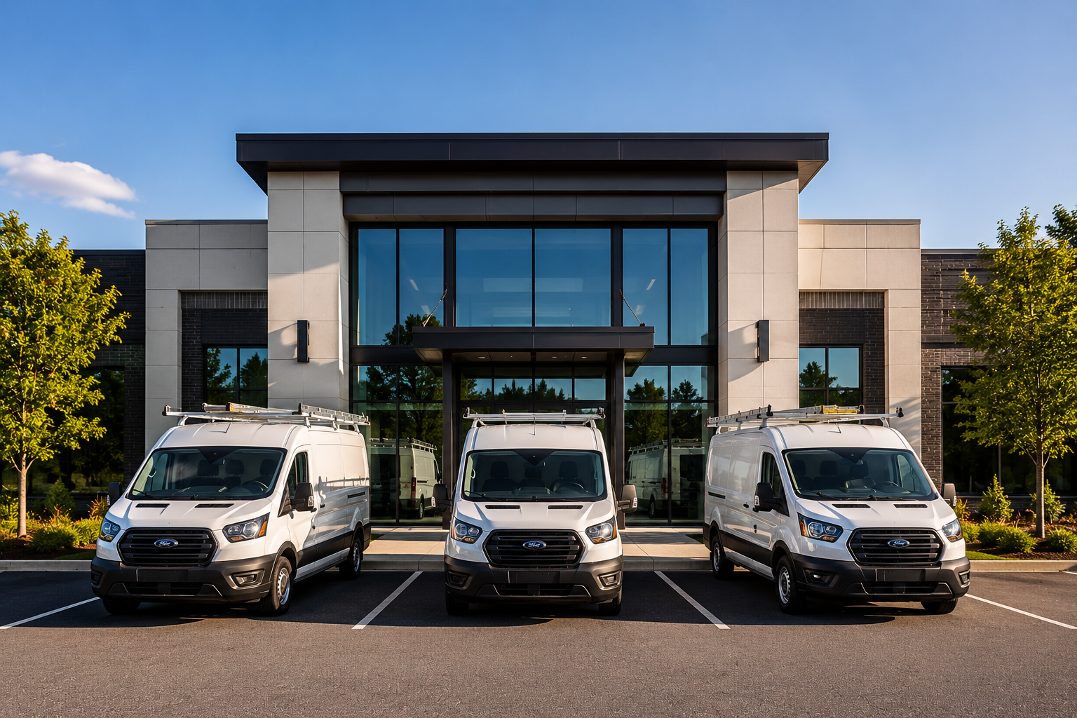Three white vans parked in front of a modern building entrance