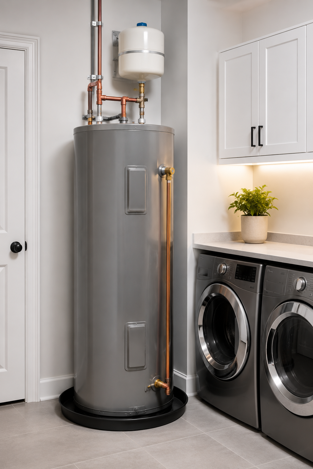 Utility room with gray water heater, white cabinets, and a front-loading washer and dryer.