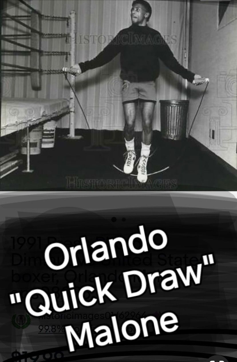 Orlando “Quick Draw” Malone skipping rope in a gym, with his name captioned below.