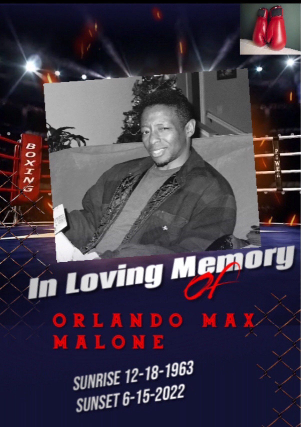 Memorial tribute poster reading “In Loving Memory of Orlando Max Malone” with a black-and-white portrait.