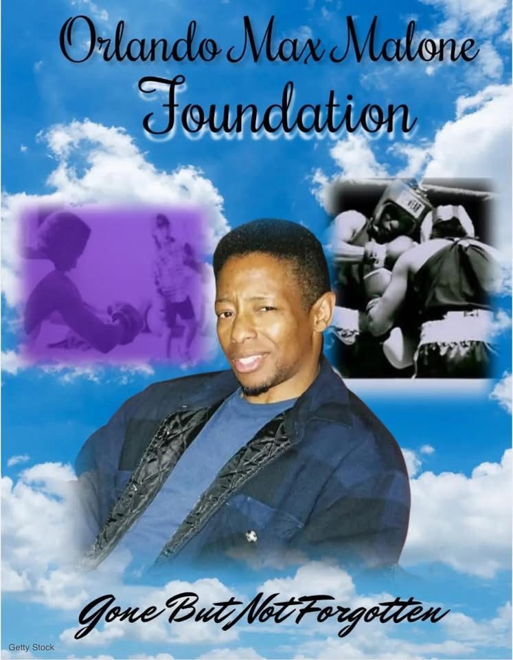 Orlando Max Malone Foundation memorial poster with blue sky, clouds, portraits, and “Gone But Not Forgotten” text