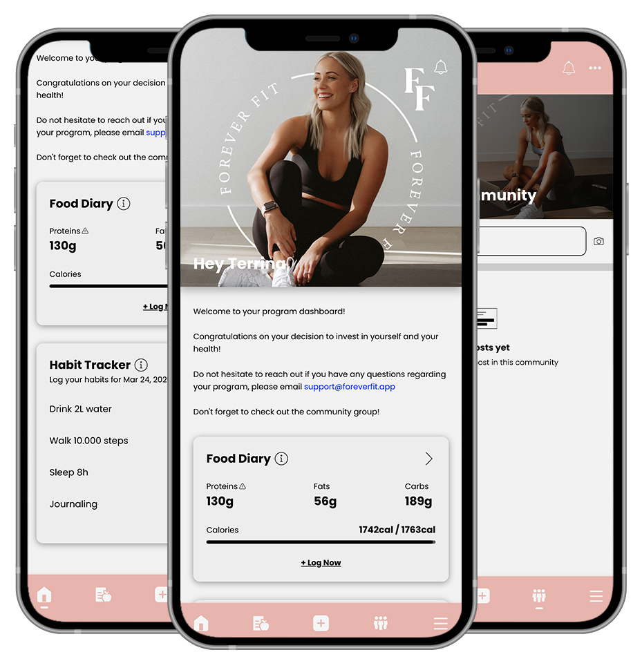 A woman is sitting on a yoga mat on a cell phone. Forever Fit - Personalised Workouts and Nutrition - Terrina Brewer