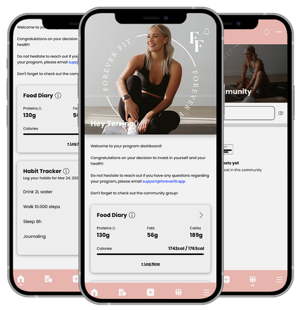 A woman is sitting on a yoga mat on a cell phone. Forever Fit - Personalised Workouts and Nutrition - Terrina Brewer