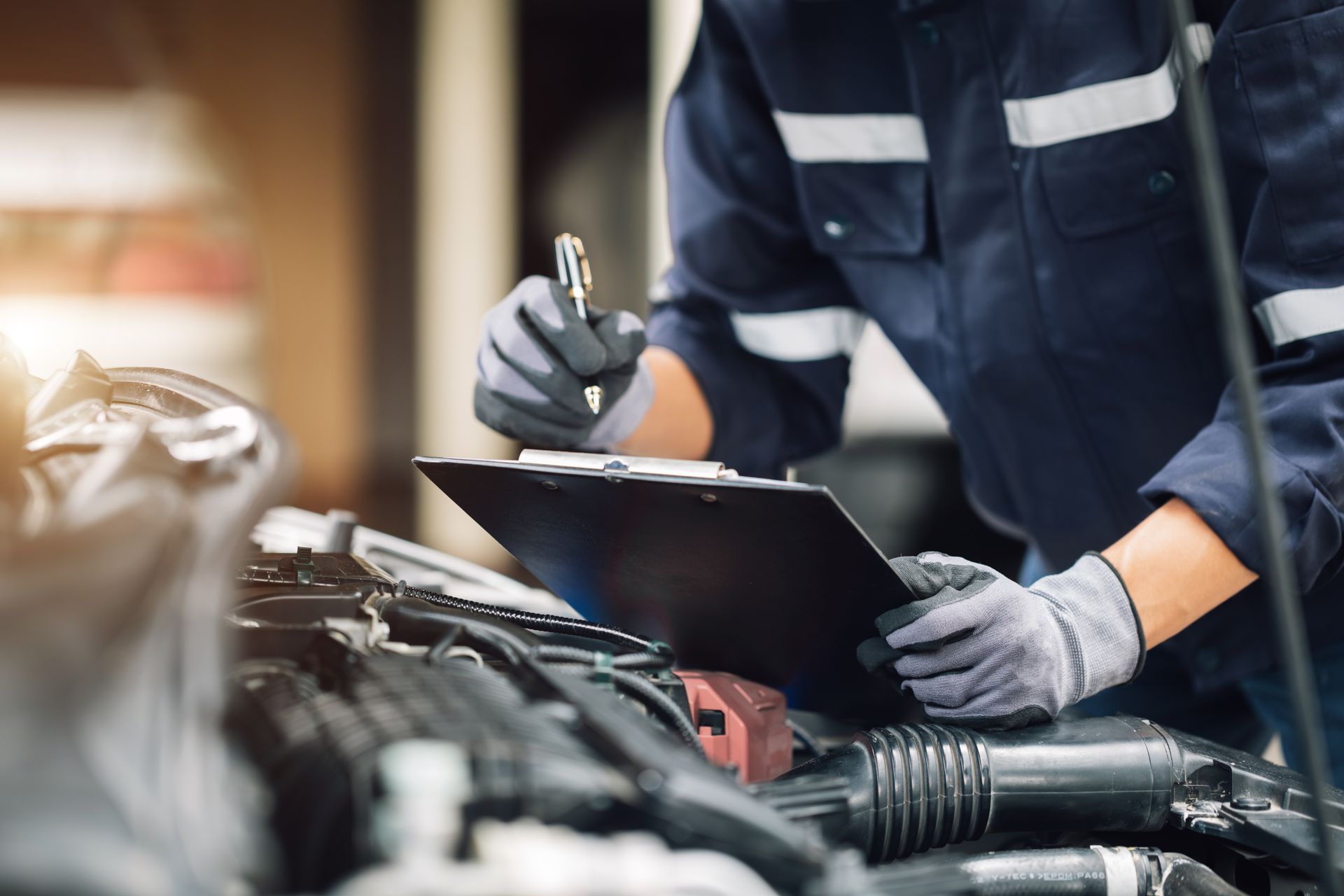 Mechanic in navy uniform writing on a clipboard beside an open car engine