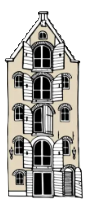 Illustratie van een hoog, smal gebouw met meerdere boogvensters, witte luiken en een puntdak.