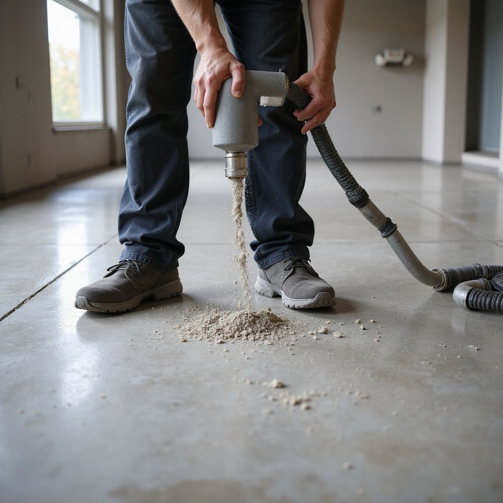 Person using a handheld concrete grinding tool on a gray floor, with a vacuum hose attached.